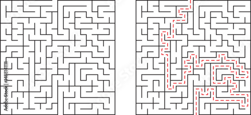 A complex maze with solution path labeled in red showing the correct route