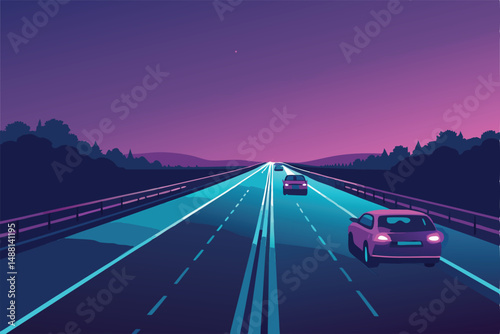 Generate a vibrant nighttime image of a glowing highway cutting through a futuristic city, showcasing speeding vehicles and city lights reflecting on wet asphalt.