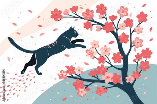 A sleek black ninja cat leaps gracefully through a vibrant shower of pink cherry blossom petals, showcasing incredible agility and a serene springtime scene.
