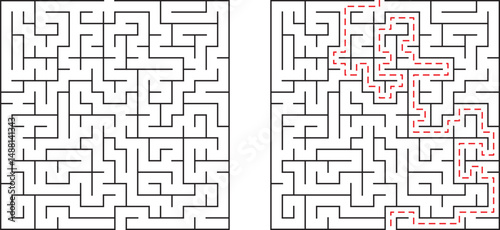 Complex maze illustration with solution path depicted in red to represent problem solving