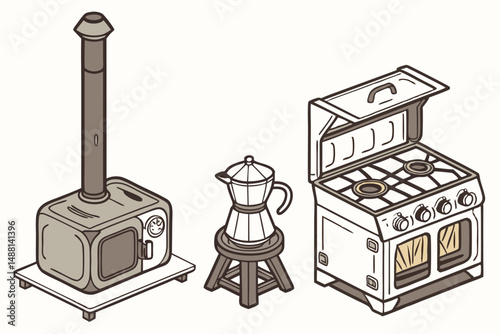 146 outdoor wood-burning stove, antique camping stove, retro kitchen appliances