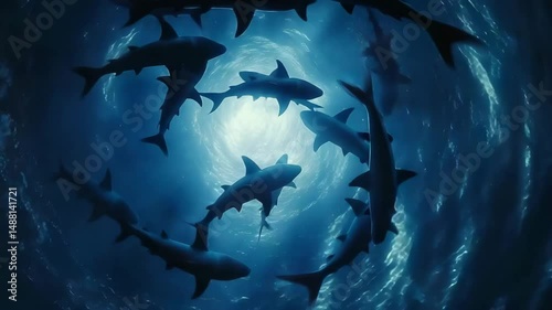 A pod of sharks circling in blue ocean depths with filtered light shining from above, capturing a cinematic and powerful marine life moment filled with intensity and mystery