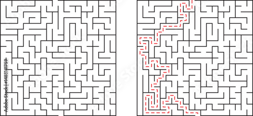 Challenging maze puzzle with solution displayed for decision making and problem solving concepts