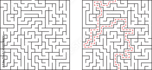 A complex maze illustration showing a clear solution path in red color for guidance