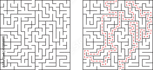 A complex maze with and without a solution path displayed clearly in black and red