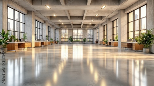 Modern office interior with large windows and glossy floor space