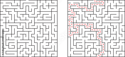 Maze with solution illustrated showing path through complex network of walls and corridors