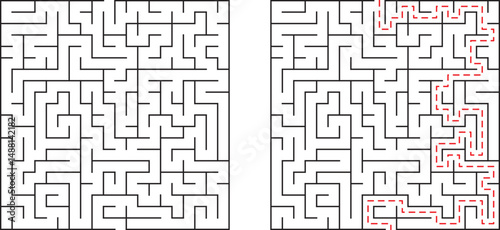 A challenging maze with a solved path shown in red illustration solving the puzzle
