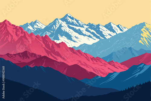Generate a bold, layered mountain range panorama graphic; emphasize depth and scale using a graph-like representation.  Show multiple mountain peaks and valleys.