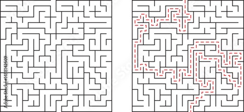 Black and white maze with solved path showing the correct route through complex puzzle