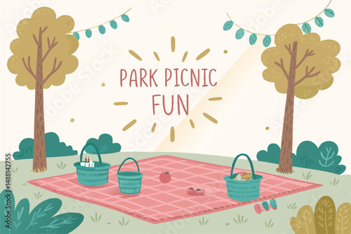 A vibrant, sunny park picnic scene happy people enjoying food, drinks, and laughter on a lush green lawn.  Include details like checkered blankets and cheerful smiles.
