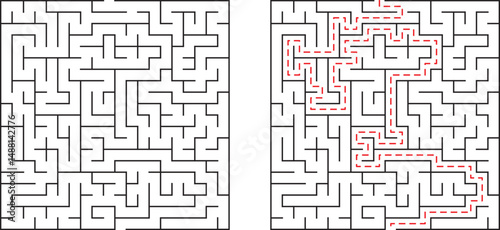Square maze with solution marked representing problem solving and finding the right path