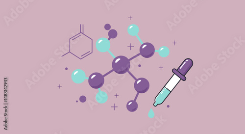 Illustration of molecular structure with a dropper representing chemistry and science
