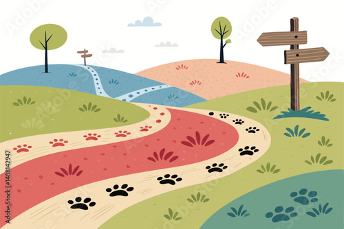 A winding path ascends through rolling green hills, featuring rustic signposts and a single animated character.  Sunlight illuminates the scene.