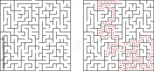 Complex black and white maze with red path showing solution for puzzle solving