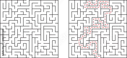 Complex labyrinth puzzle with unsolved maze and solution path depicted in red