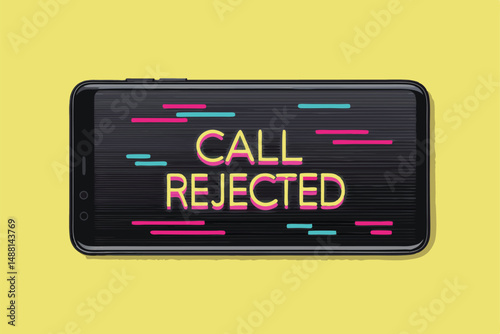 A glitching phone screen displaying a rejected call notification;  digital distortion effect, vibrant colors, dark background.