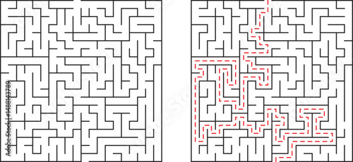 Maze illustration with solution showing path through complex labyrinth puzzle design