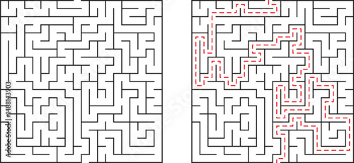 Maze puzzle illustration showing complex challenge with red path and clear solution for concept.