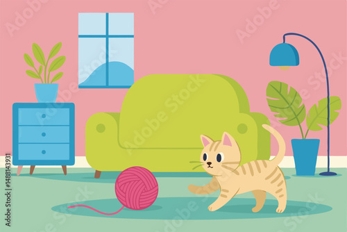 A playful kitten, ginger fur, leaps playfully after a bright red yarn ball across a sunlit living room rug.  Focus on the kitten's joyful expression.