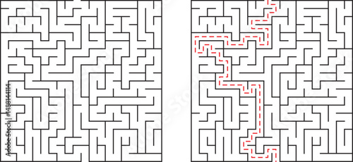 Vector illustration of a maze with a solved path shown in contrasting red color.