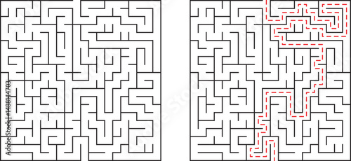 Challenging maze puzzle with solution marked representing problem solving and achievement