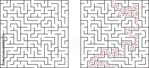 Complex maze puzzle with solution path demonstrated on white background