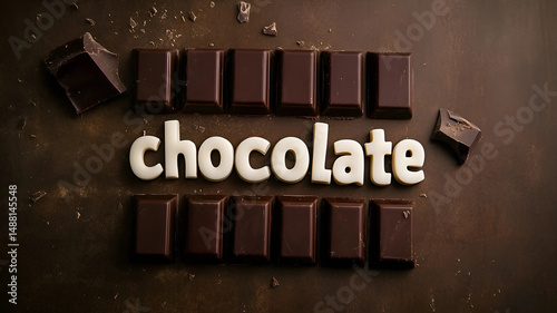 Chocolate bars arranged in rows with the word chocolate in the middle