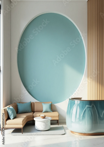 stylish waiting area, designer furniture, elegant lounge, soft seating, natural lighting, 