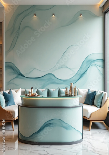 stylish waiting area, designer furniture, elegant lounge, soft seating, natural lighting, 
