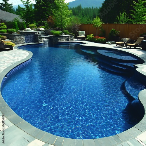 Freeform pool with spa, waterfall feature, and stone coping