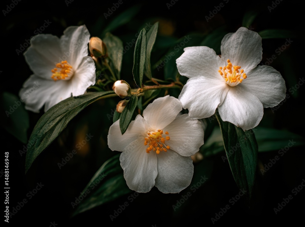 Obraz premium The image features beautiful jasmine flowers on a dark background, captured in a low-key style with available copy space