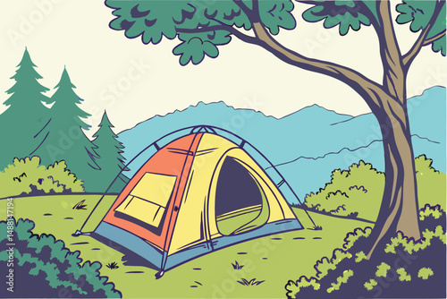 147 colorful camping tent, detailed watercolor painting, vibrant colors, outdoor adventure, nature scene, landscape illustration