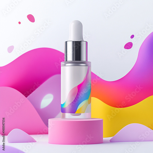 Colorful Serum Bottle on Abstract Background – Product Mockup

