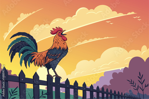 Majestic rooster crows at golden hour, perched atop a rustic fence, bathed in warm sunlight.  Detailed feathers, vibrant colors.