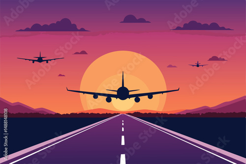 Dramatic sunset silhouettes of airplanes on a runway; vibrant sky colors, long shadows, evocative travel theme.