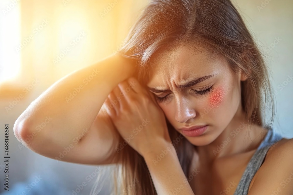 Obraz premium Close up of a young woman with a pained expression and redness on her cheek holding her head in distress