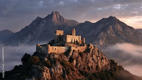 Stonecastle stands tall against rugged mountains under soft light. Stonecastle echoes power, time, and solitude. Mystery and history live within ancient stonecastle walls. photo