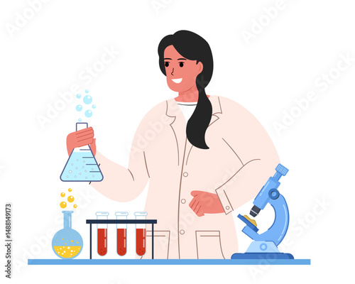 female scientist wearing lab coat working with chemical in laboratory vector illustration