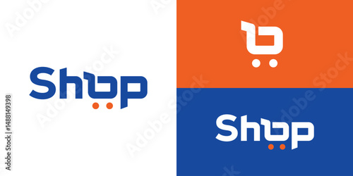 Creative simple Shop logo template. Shop word mark with letter O as shopping cart logo design vector illustration.