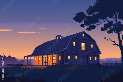 Silhouette of a sleek, modern barn at twilight, illuminated by warm, glowing interior lights.  Detailed textures and soft dusk colors.