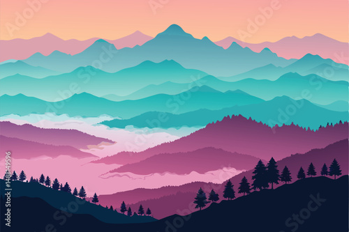Create a striking silhouette of a layered mountain range at sunset, showcasing a vibrant gradient of warm colors in the sky.  Emphasis on smooth transitions and depth.