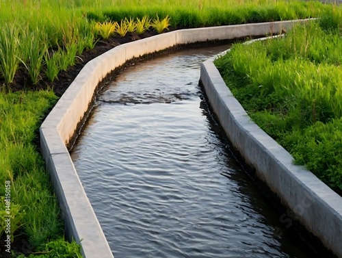 Serpentine Waterway Concrete Canal Modern Landscape Design Green Grass