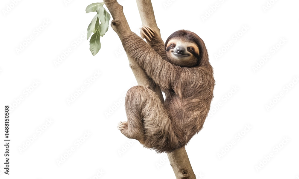 Fototapeta premium Sloth hanging from a tree isolated on transparent white background