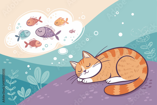 A fluffy cat, eyes closed, peacefully sleeps, dreaming of vibrant, surreal fish swimming in a fantastical underwater world.  Render in a whimsical, painterly style.