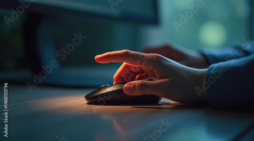 Businessperson making decisive click on computer mouse button

 photo