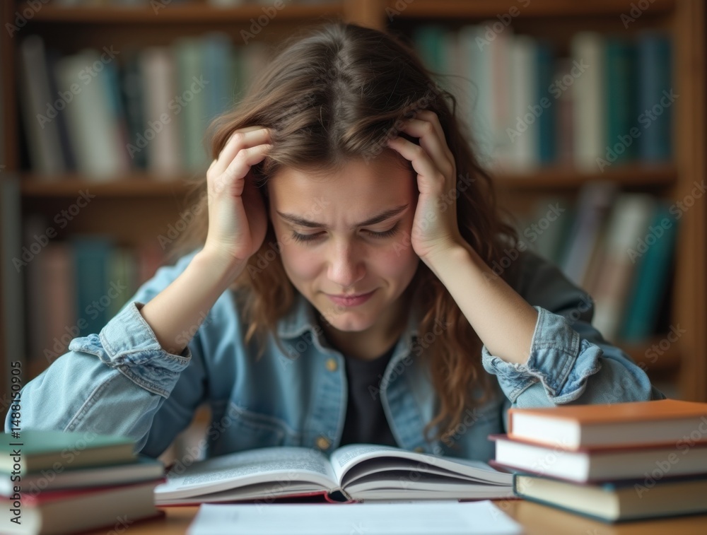 Student studying with textbooks coffee and stress before exam
Student studying with textbooks coffee and stress before exam