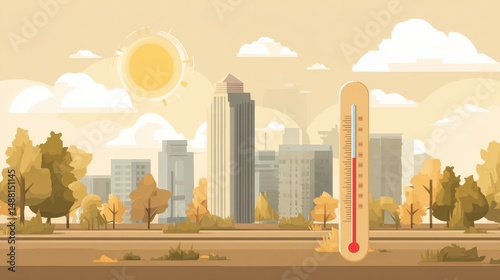 Flat design illustration of hot summer day in the city with strong sunlight and thermometer indicating high temperature, representing heatwave, climate change, urban heat, extreme weather conditions