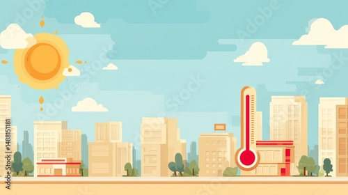 Flat design illustration of hot summer day in the city with strong sunlight and thermometer indicating high temperature, representing heatwave, climate change, urban heat, extreme weather conditions