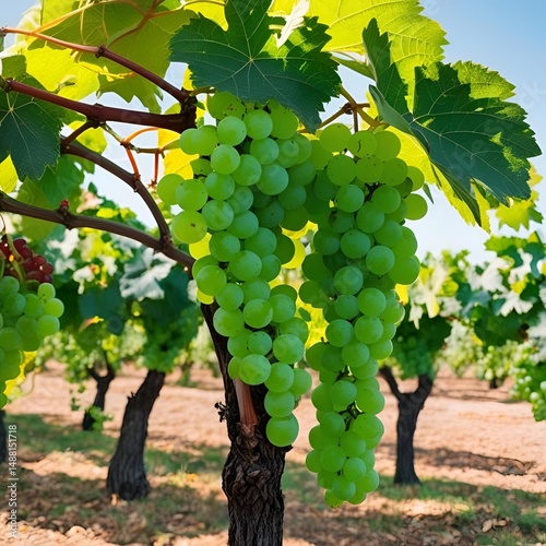 A green grape trees with leaves and green grapes